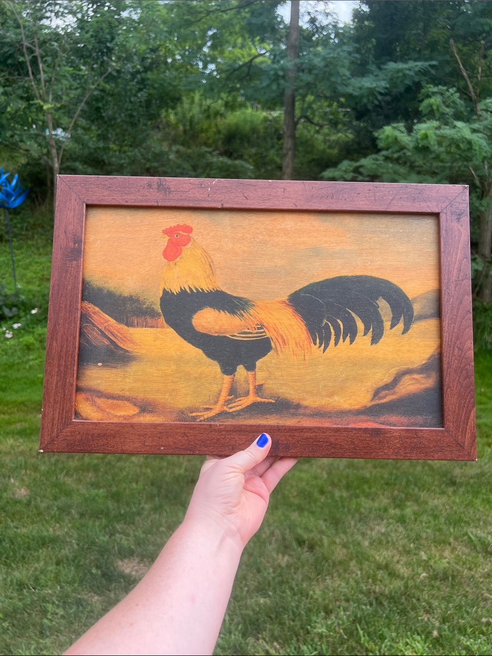 Rustic Antique Art on Wood Rooster Oil on Board Style French Kitchen Wall Art